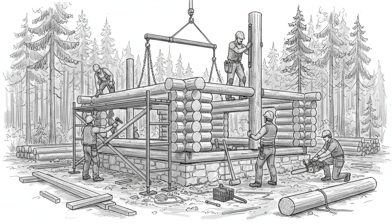 hirsimökin rakentaminen työmaa