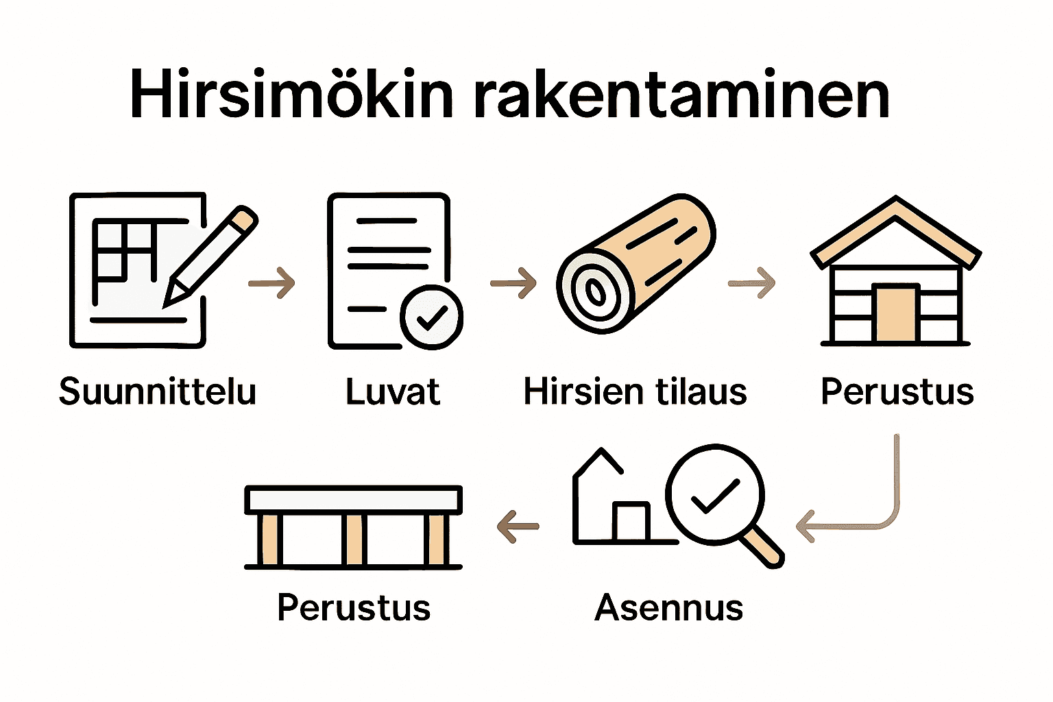 Infographic: hirsimökin rakentaminen 6 vaihetta symbolein