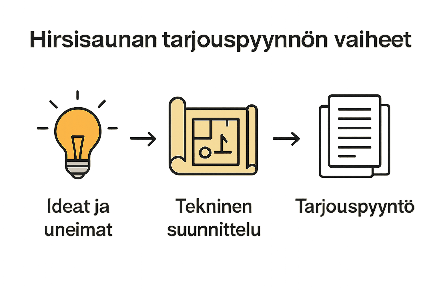 Infografiikka: hirsisaunan tarjouspyynnön vaiheet ikonoin