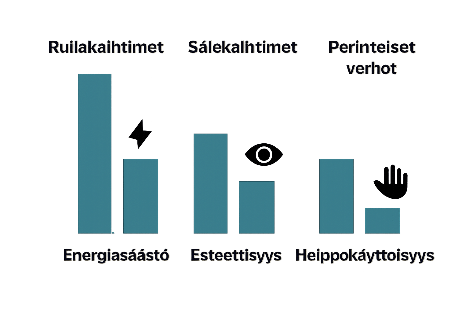 Infografiikka, joka vertaa rullakaihtimia, sälekaihtimia ja verhoja energiansäästön ja käytettävyyden osalta.