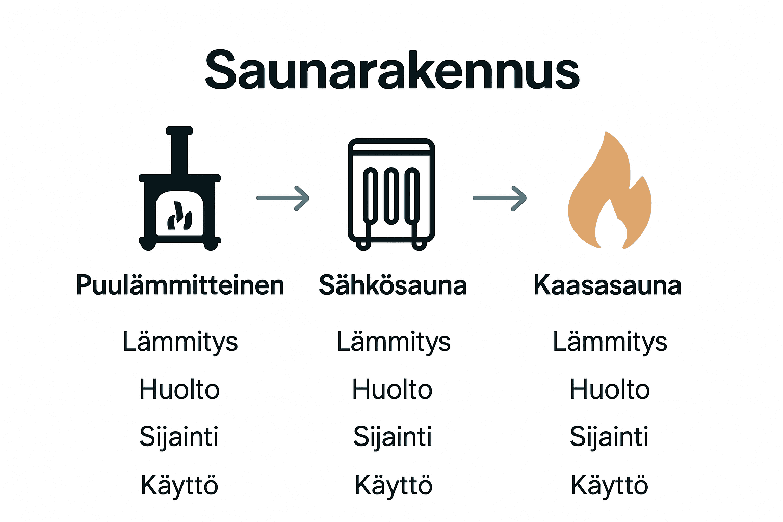 Three main sauna building types compared with icons