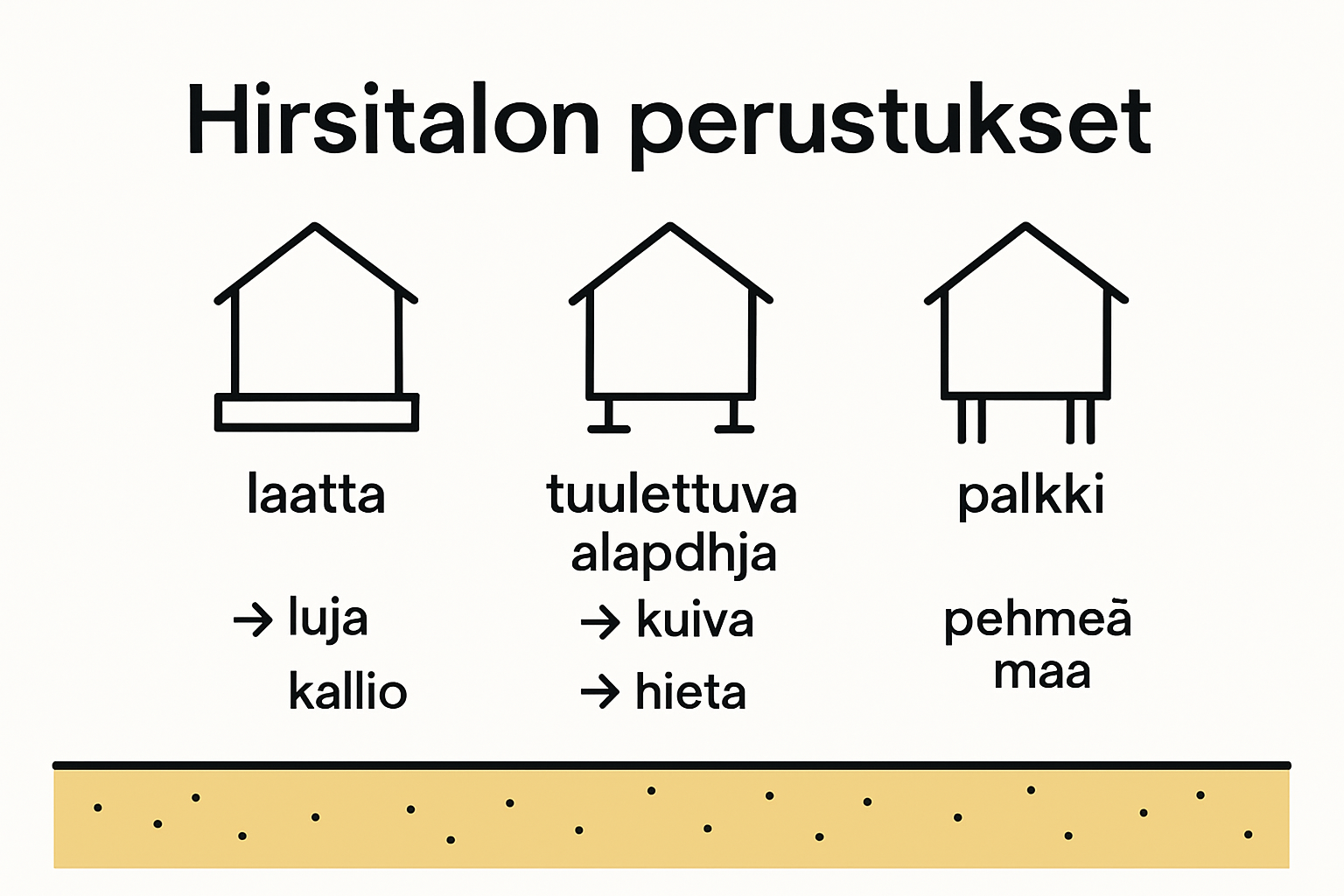 Infografiikka hirsitalon perustustyypeistä ja niiden eroista