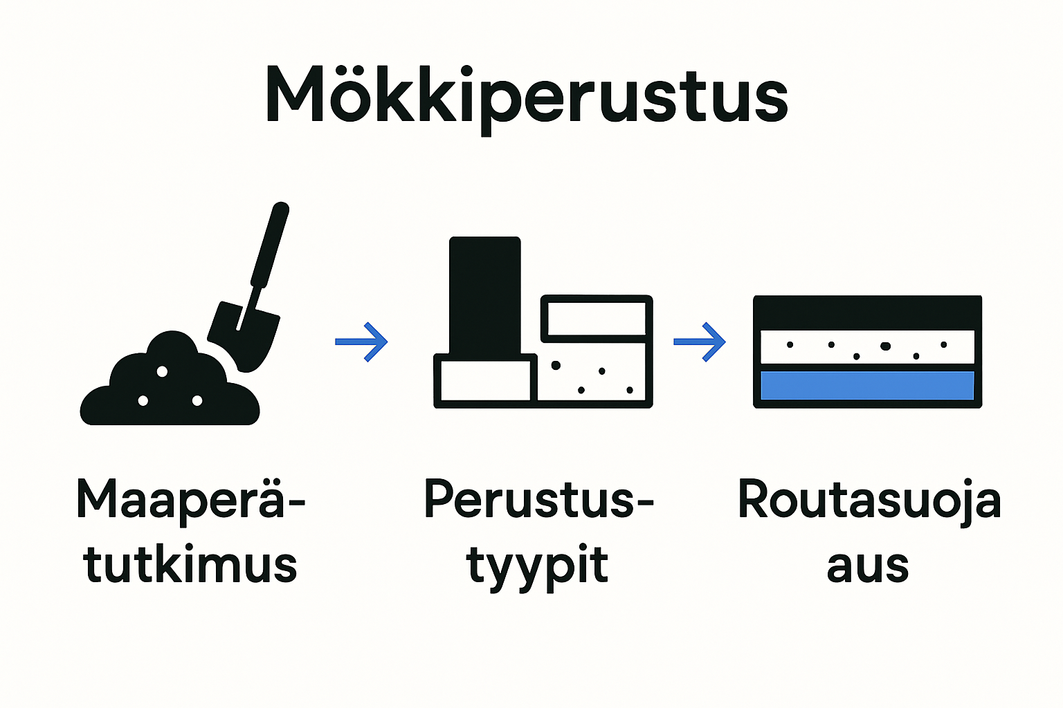 Infograafi mökin perustusten vaiheet: maaperätutkimus, perustustyypit, routasuojaus.