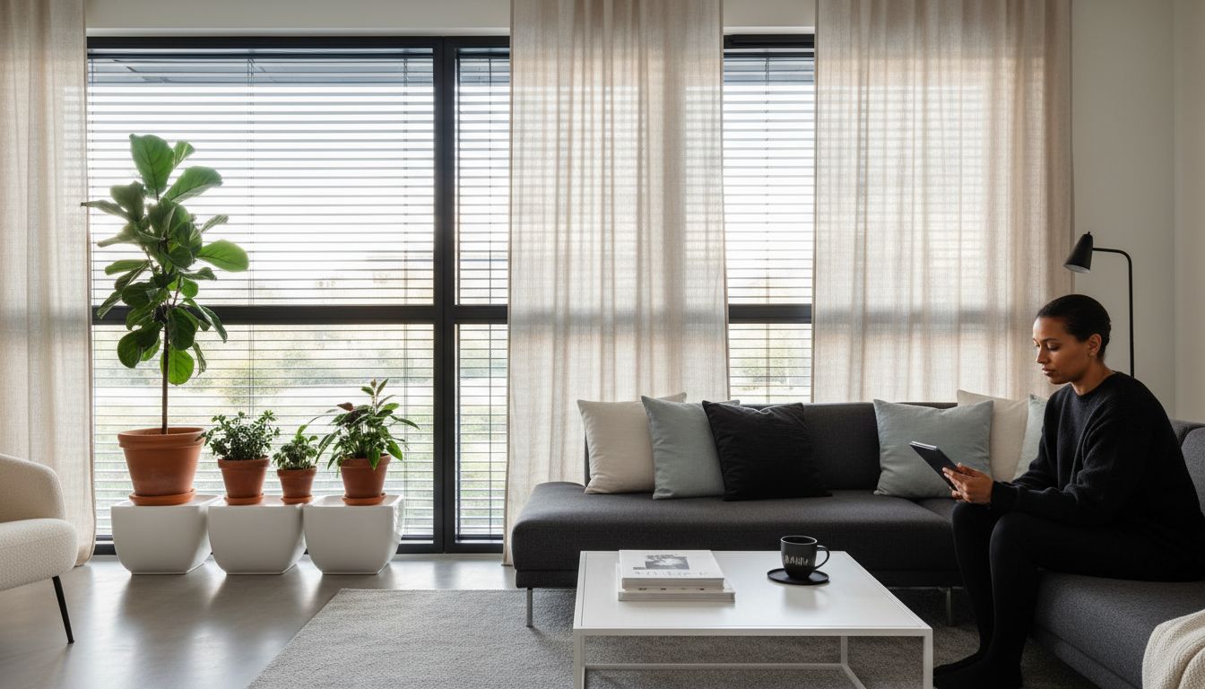 Room with internal and external sun blinds