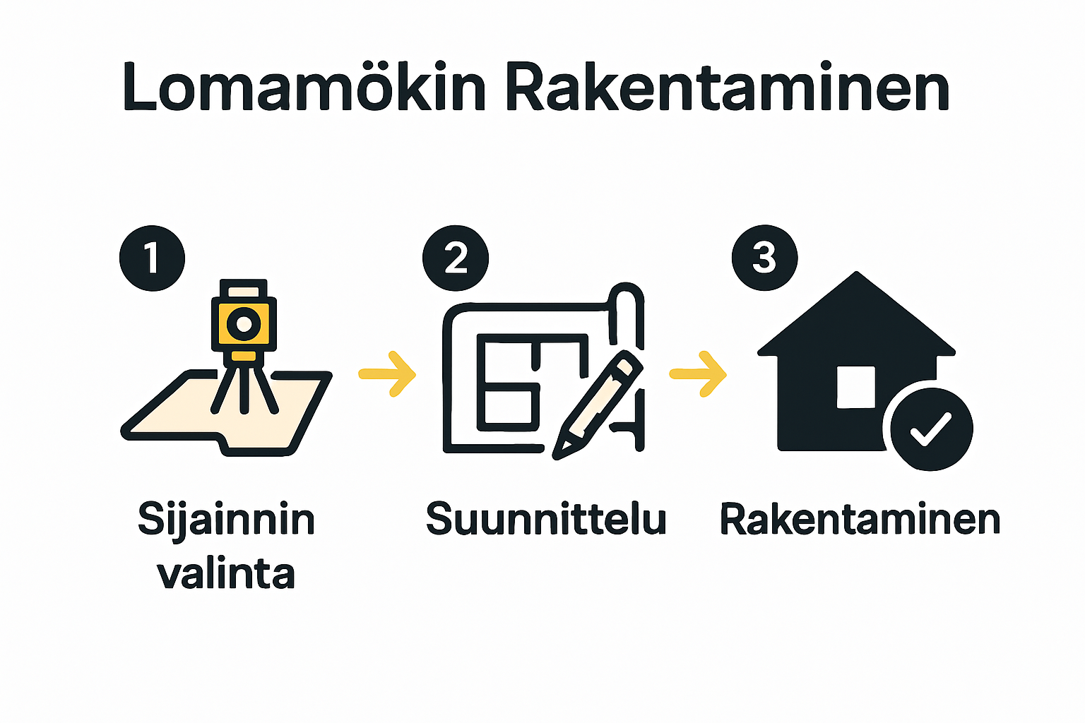 Loma-asunnon rakentaminen: Kaikki Vaiheet ja Vaatimukset 3 Three-step holiday home construction process infographic