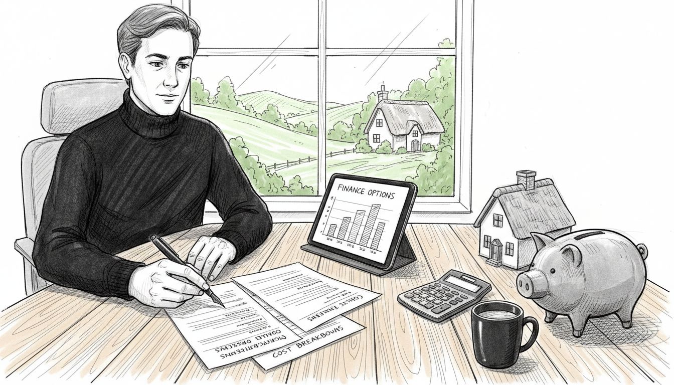 Person comparing cottage finance documents