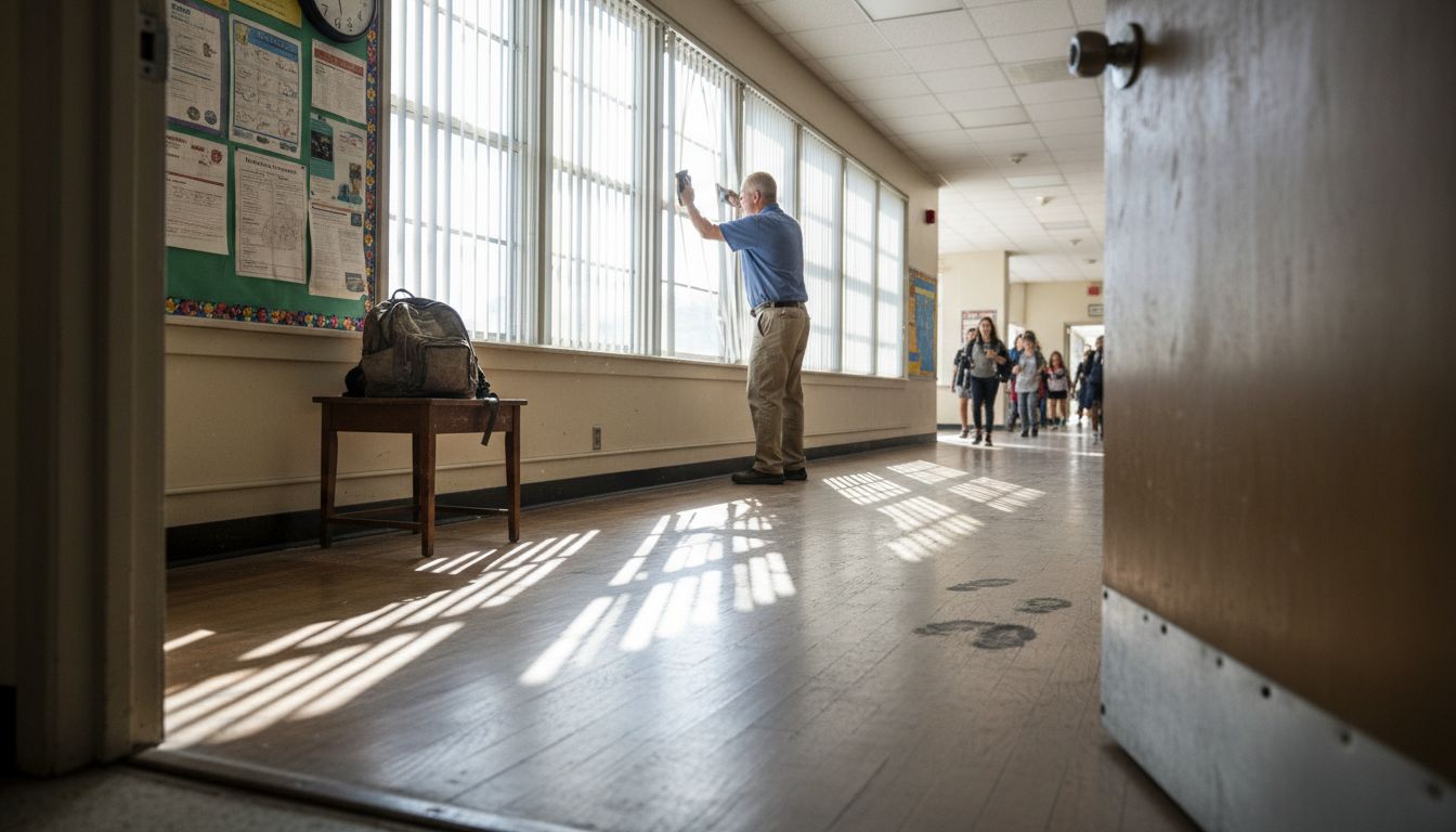 Janitor cleaning blinds in classroom