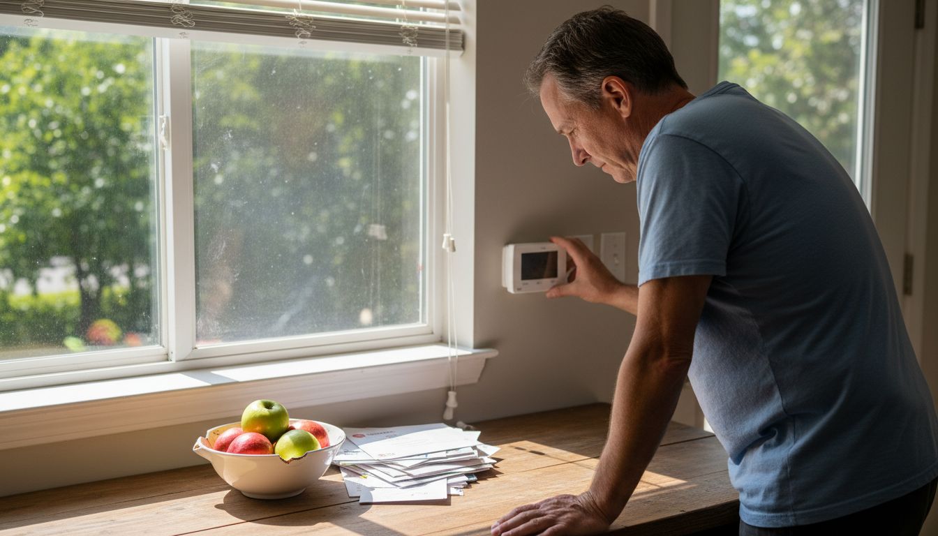 Man adjusting thermostat in sun-shaded kitchen