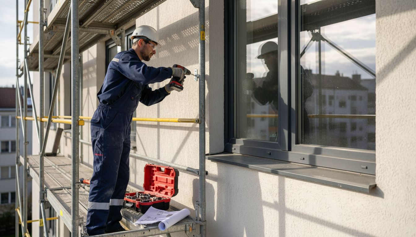 Technician installing blinds on apartment window