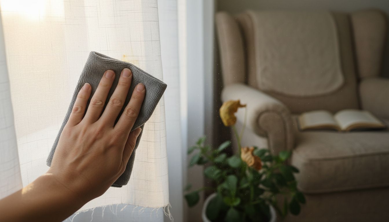 Hand cleaning stain on screen curtain