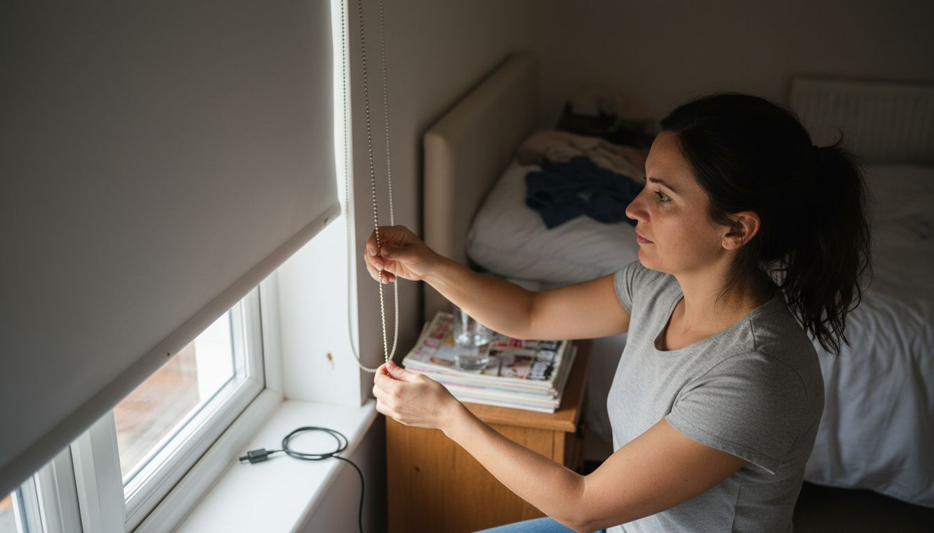 Woman adjusting bedroom roller blind