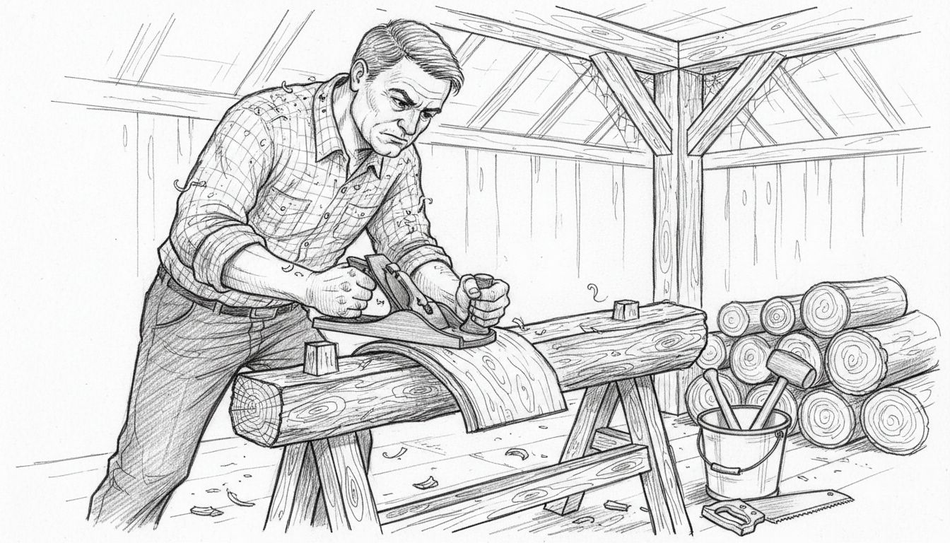 Woodworker shaping log in a rustic workshop