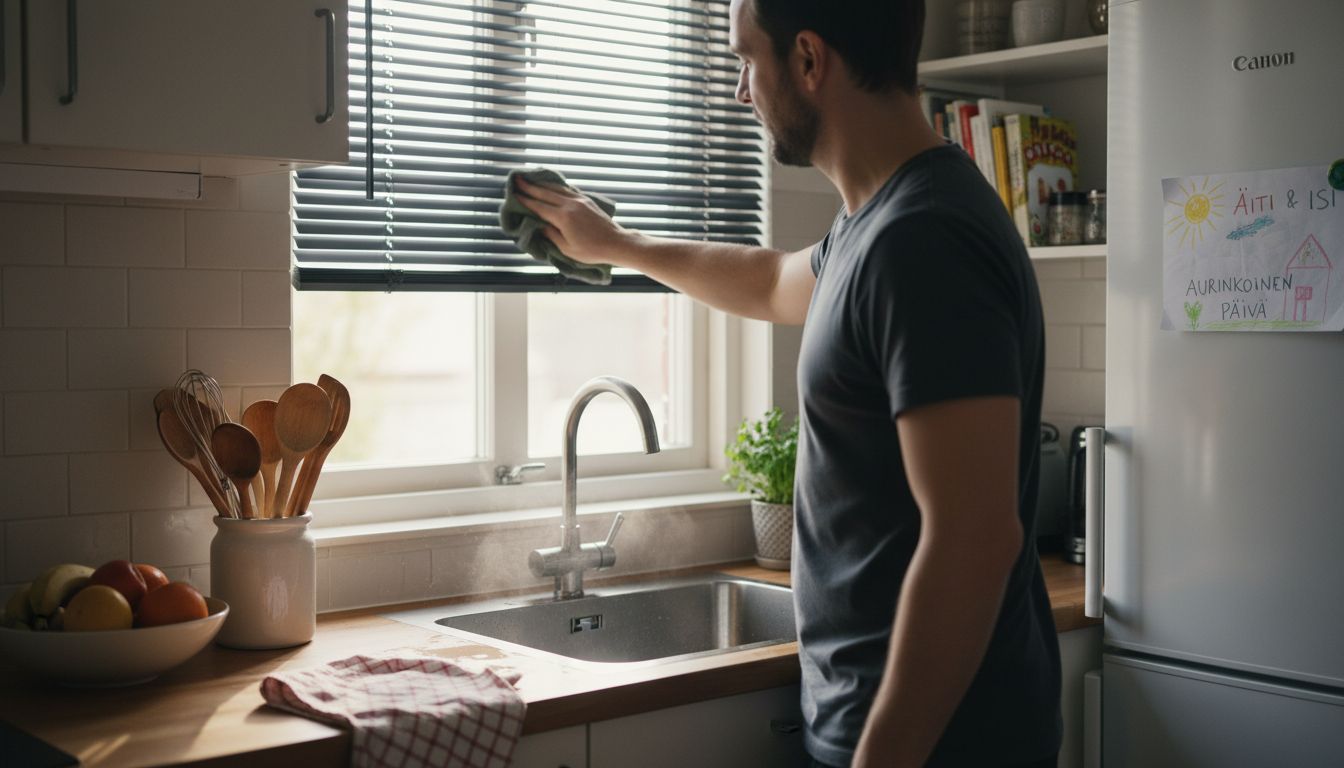 Mies pyyhkii keittiön sälekaihtimia kotonaan