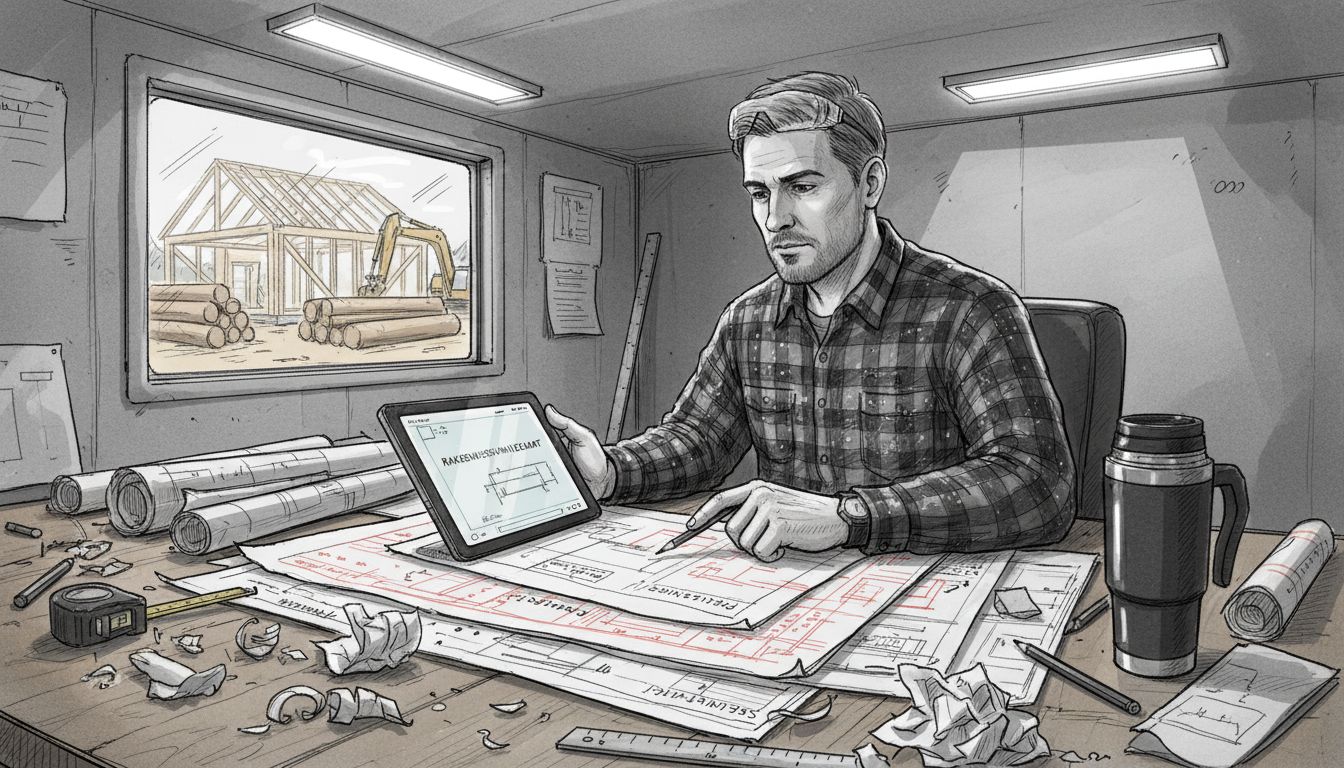 Hirsirakentamisen trendit 2025 – Uutta arkkitehtuuria ja vastuullisuutta 3 Insinööri vertailee digitaalisia piirustuksia työpöytänsä ääressä.