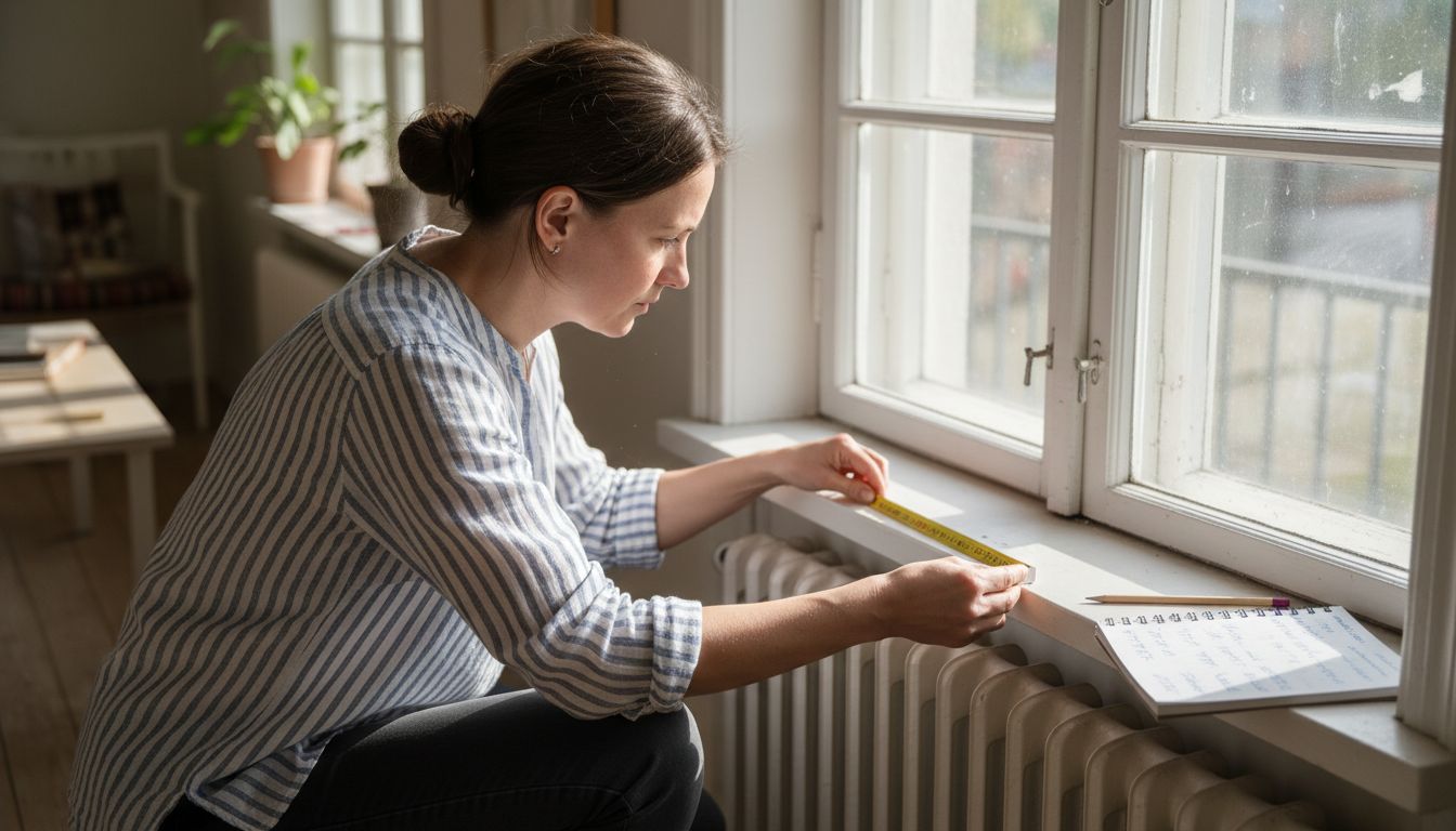 Nainen mittaamassa ikkunan alareunaa kotonaan