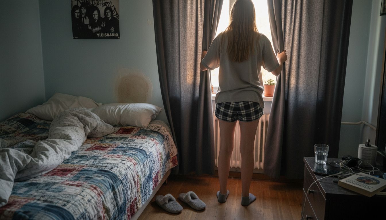 Tyttö vetää pimennysverhot kiinni makuuhuoneessa.