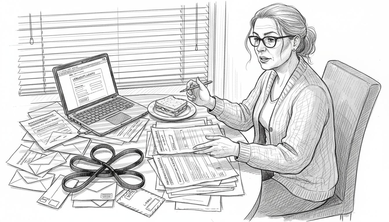 Nainen käy läpi rakennuslupapapereita työpöydän ääressä.