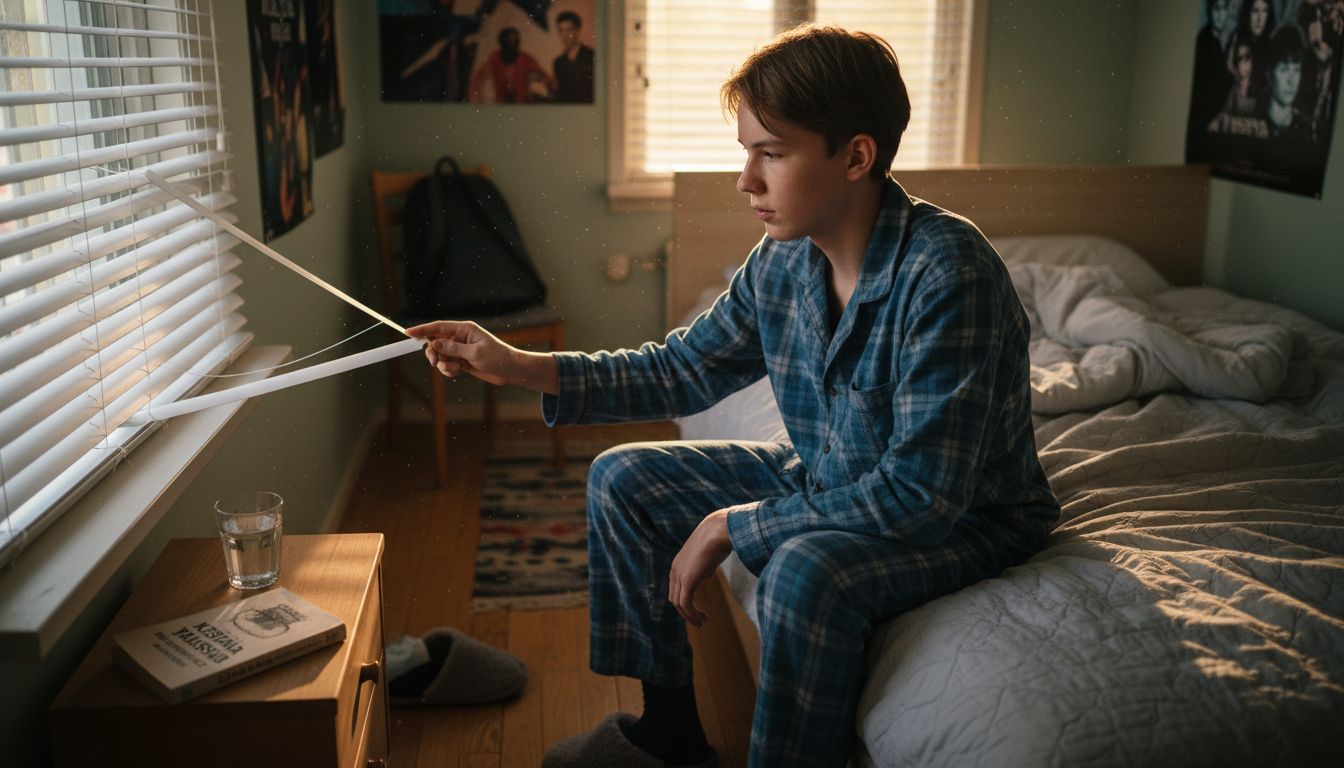 Teini säätää makuuhuoneen sälekaihtimia