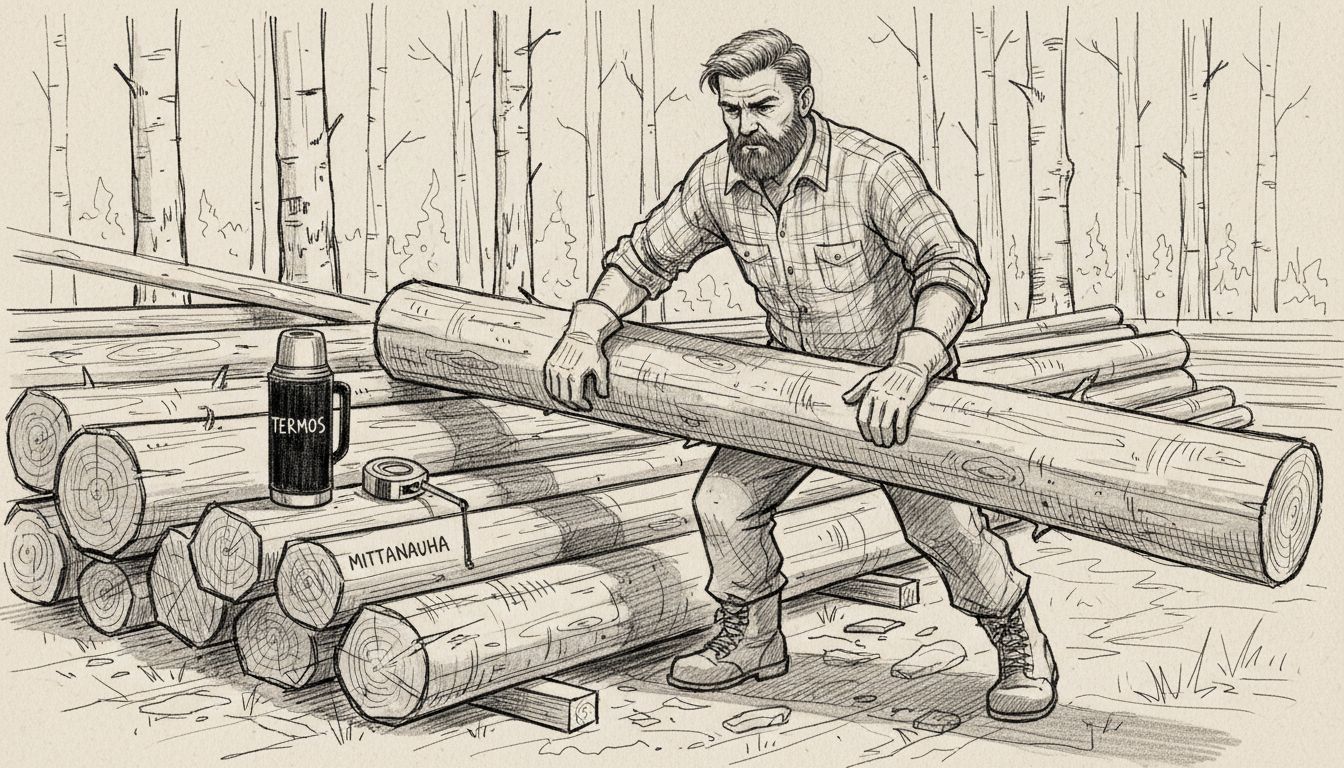 Puuseppä kokoaa mäntypuusta rakennettavia hirsiä ulkona työmaalla.