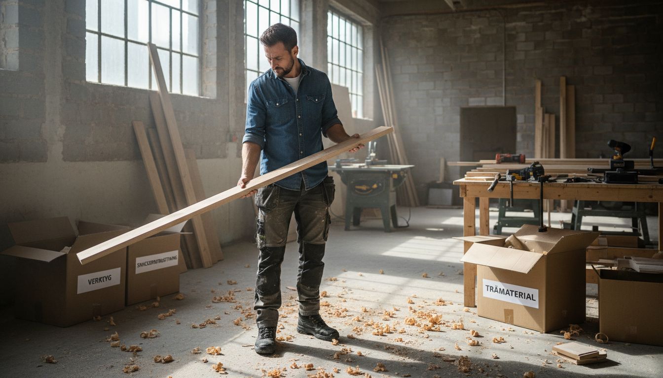 En hantverkare står i verkstaden och jämför olika träprover.