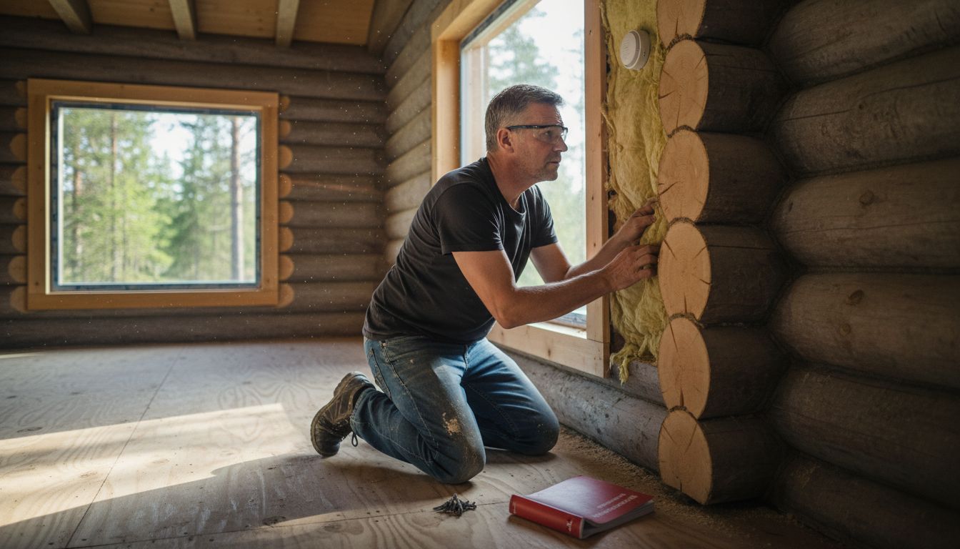 En besiktningsman går igenom brandskyddet i en timmerstuga.