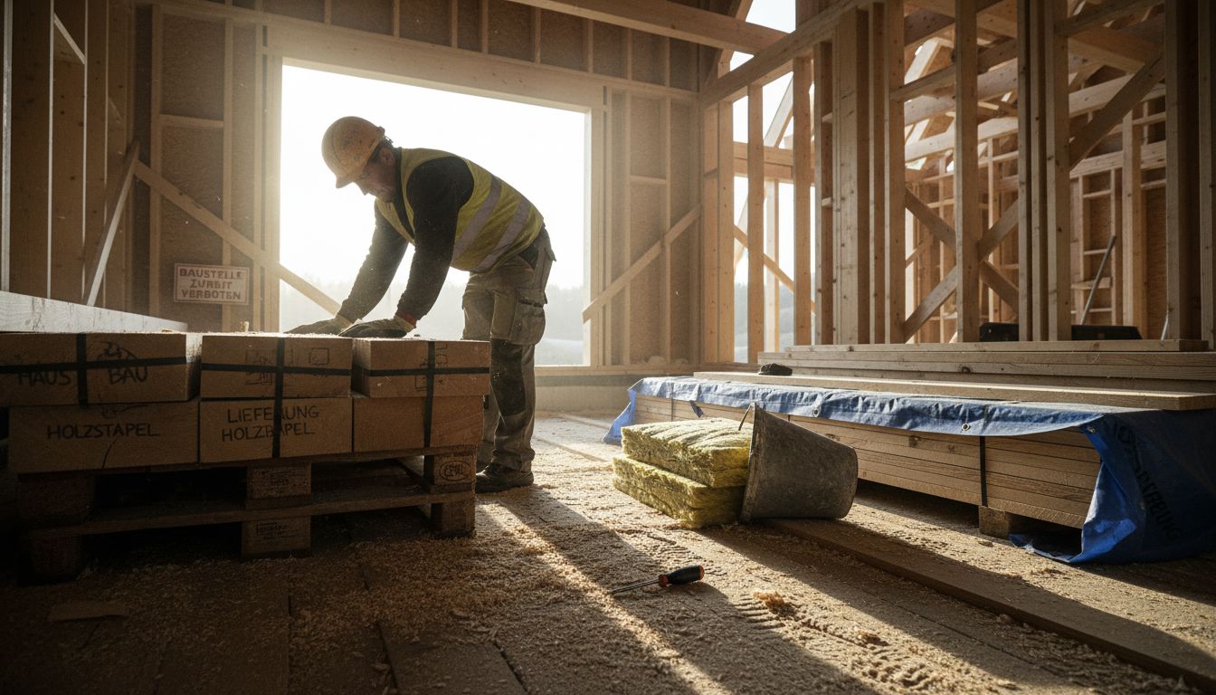 Ein Bauarbeiter überprüft den Rohbau einer Villa aus Holz.