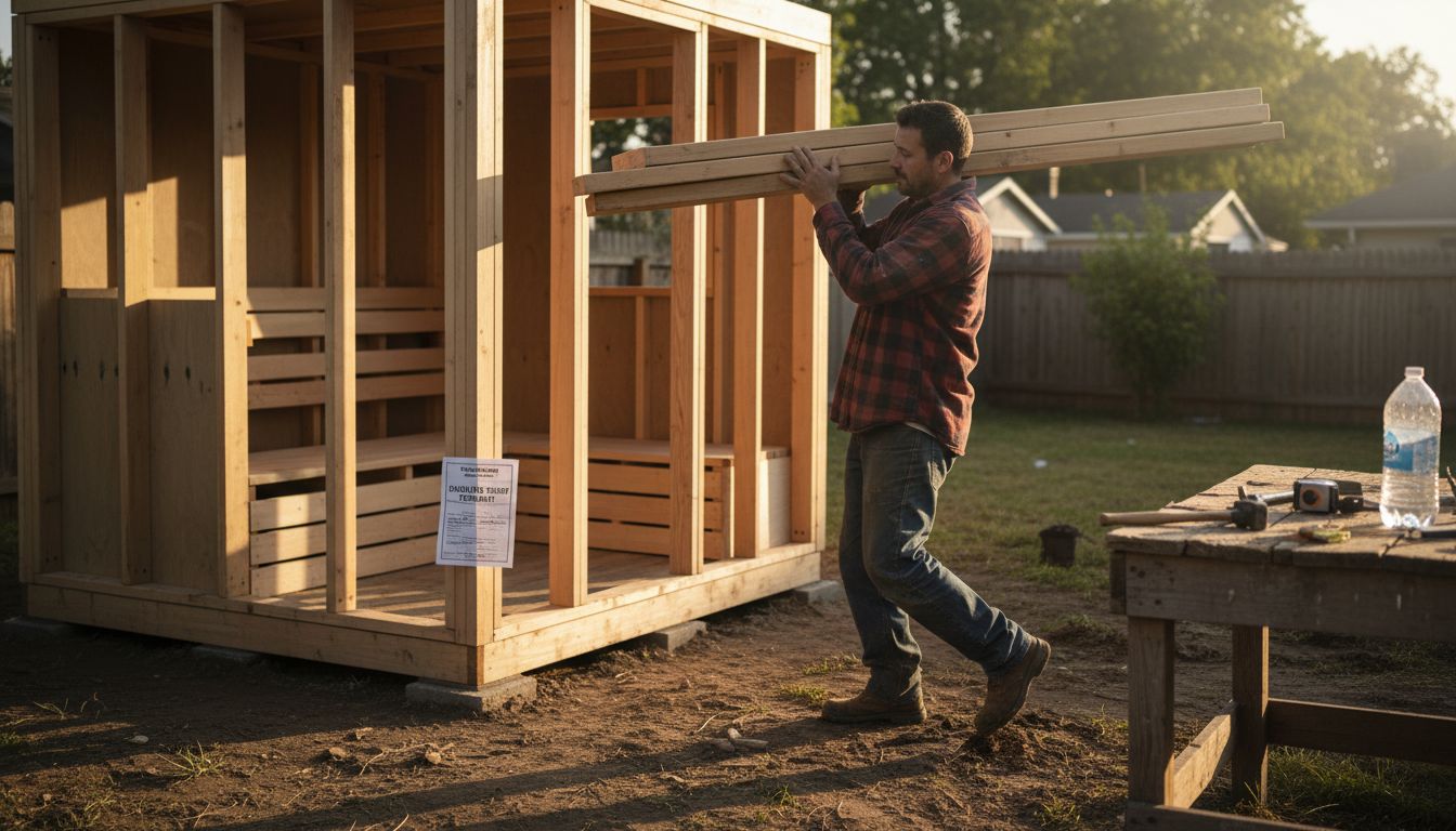 Contractor working on backyard outdoor sauna build