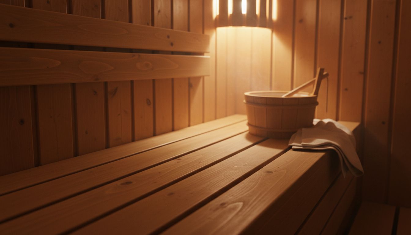 Close-up Finnish timber sauna bench and wall