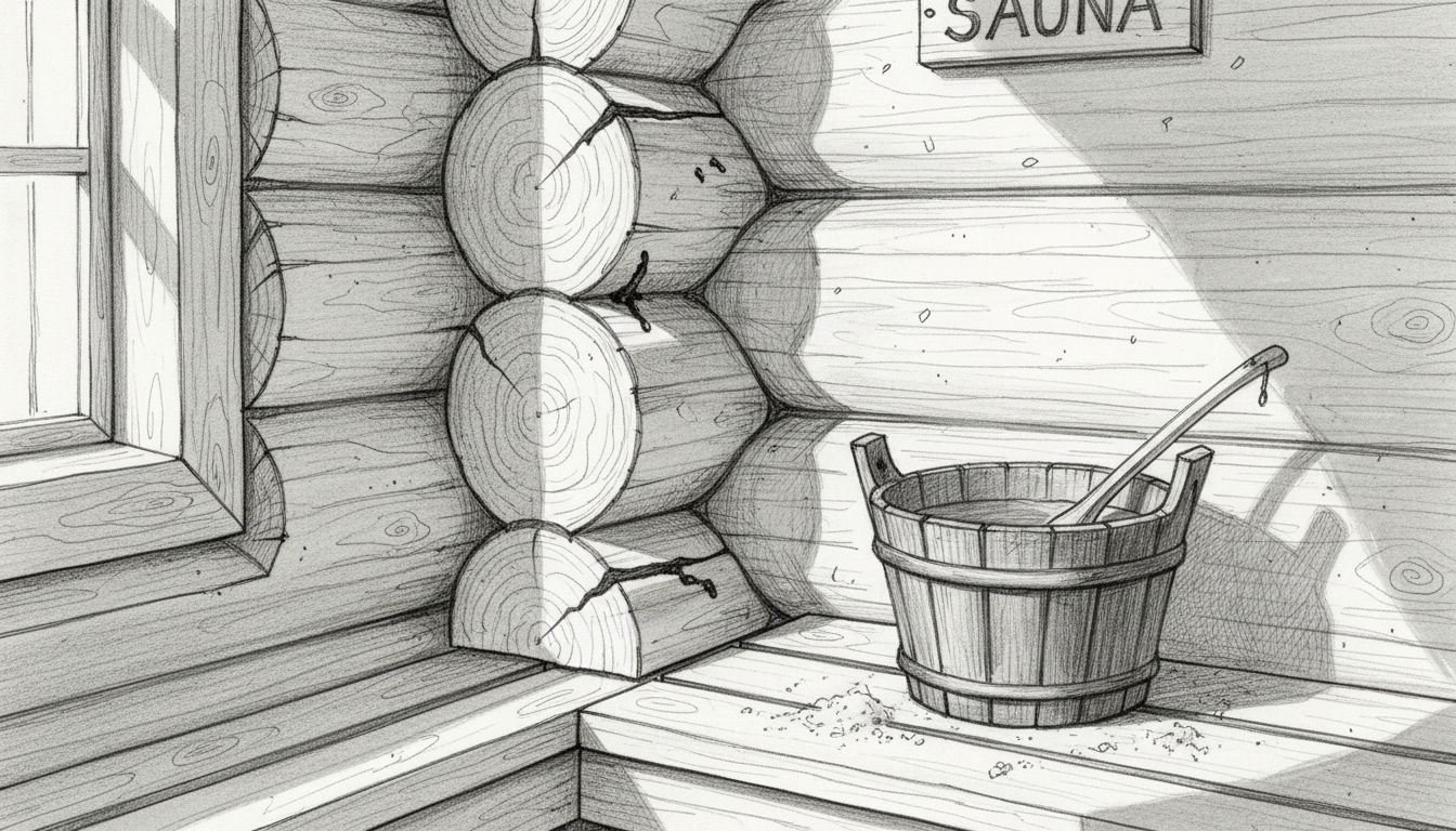 Pyöröhirrestä rakennetun saunan seinän yksityiskohta: hirsien liitoskohta