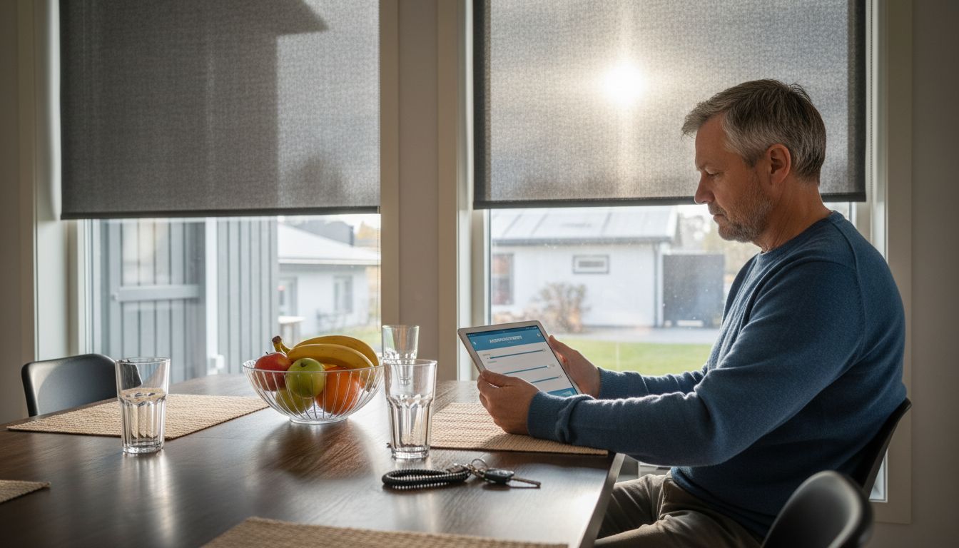 Mies ohjaa älyverhoja tabletilla.