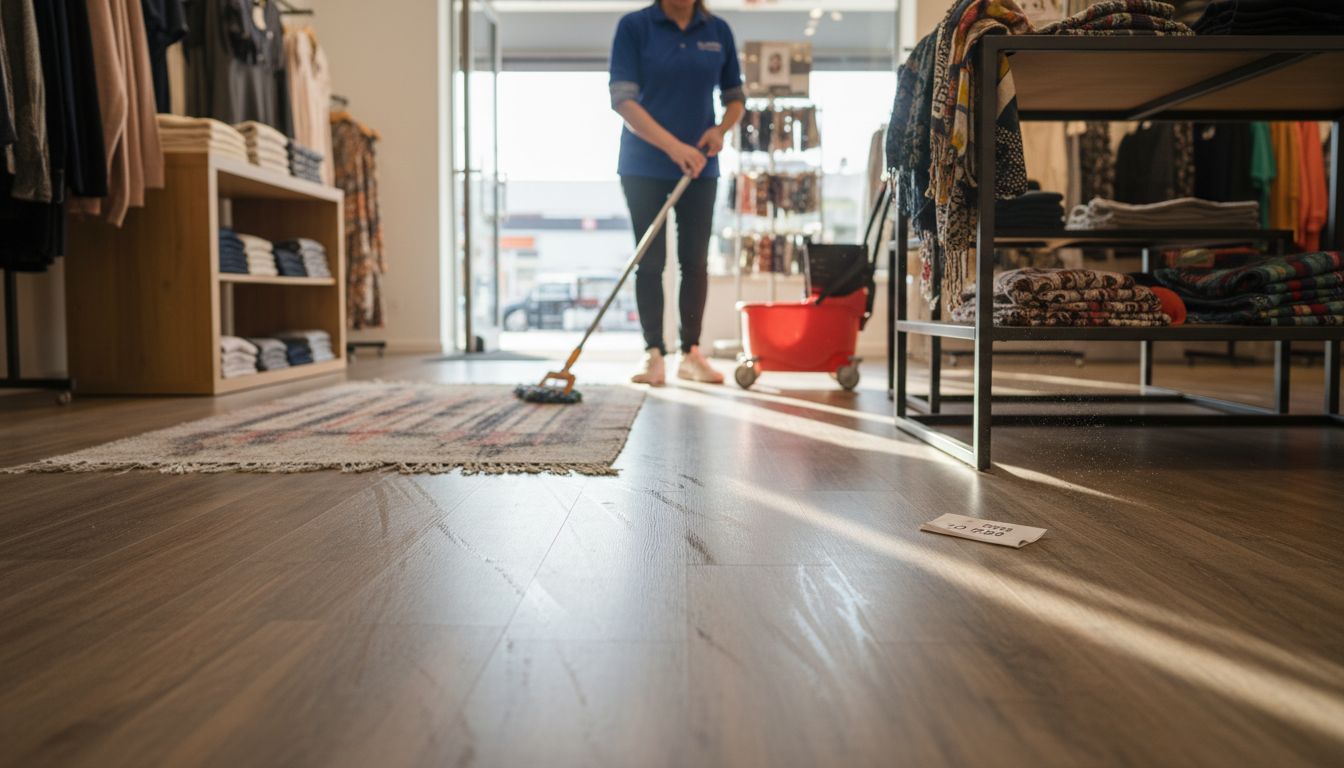 Eine Mitarbeiterin kümmert sich um die Reinigung des Vinylbodens im Laden.