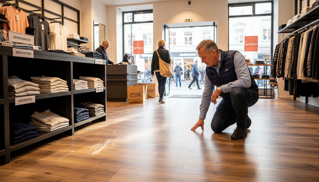 Der Filialleiter prüft den Zustand des Vinylbodens im Geschäft.
