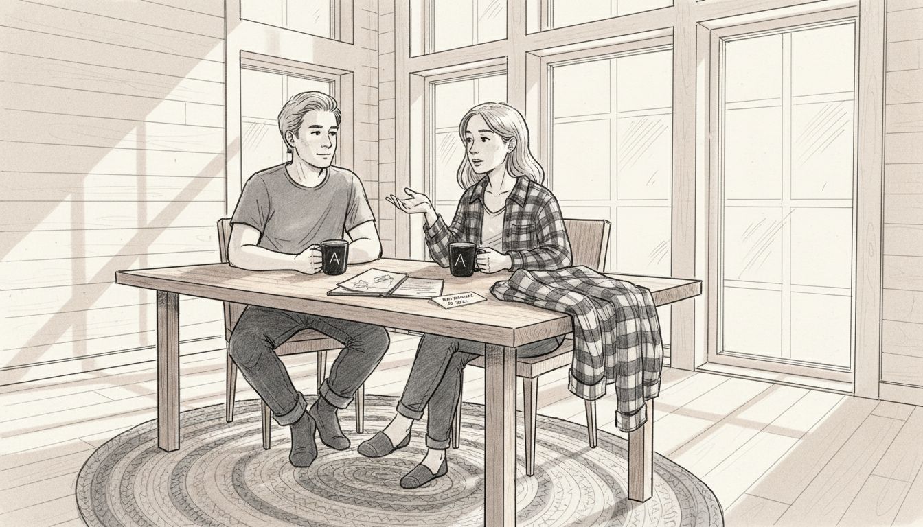 Moderni puutalokoti, jossa pariskunta viihtyy yhdessä