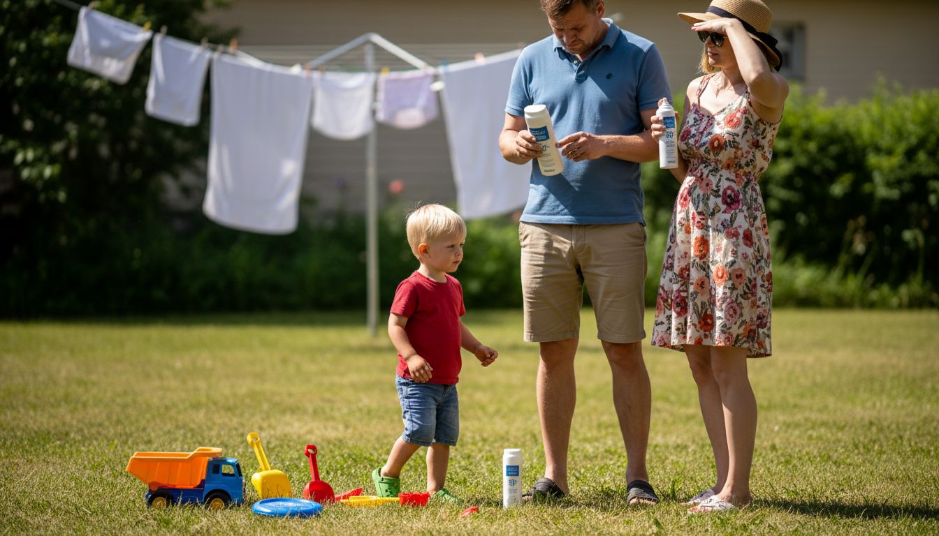 Perhe pohtii, millä tavoin suojautua auringolta ulkoillessa.