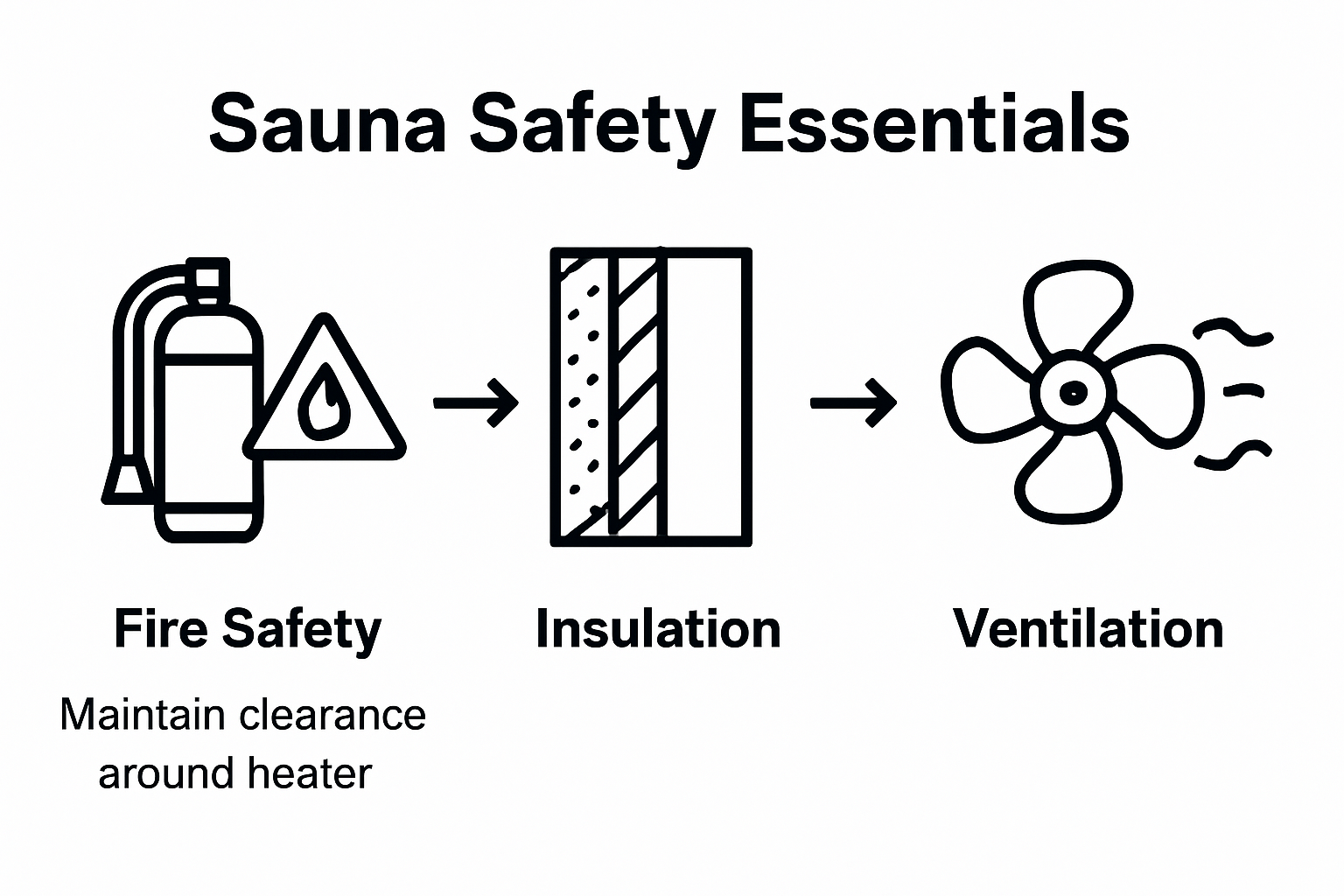 Infographic showing sauna insulation, fire, and ventilation safety