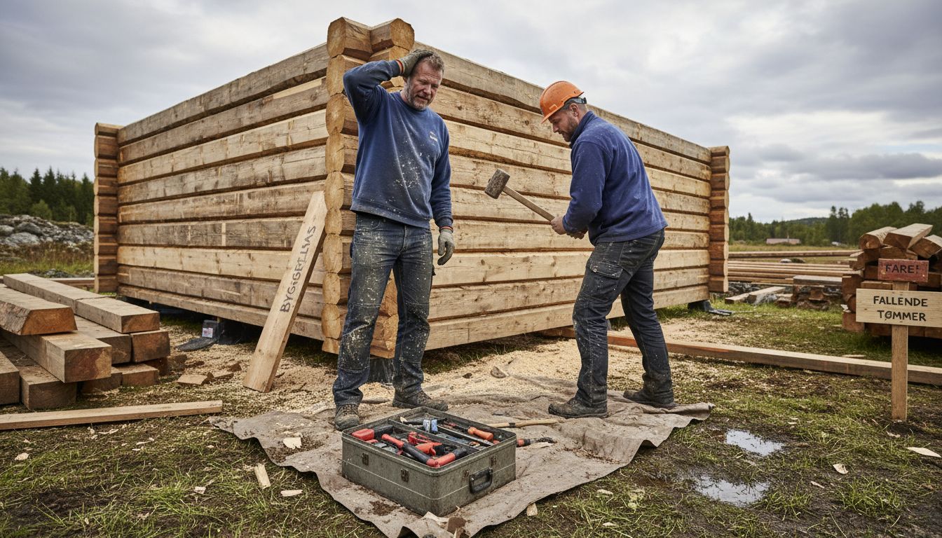 Snekkere i gang med å sette opp veggene på et tømmerhus utendørs.