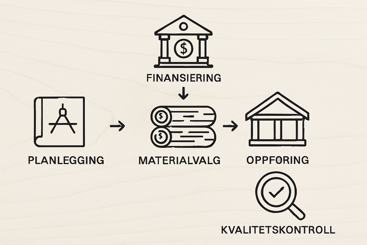 Illustrasjon som gir en oversikt over de ulike stegene i byggeprosessen for tømmerhus