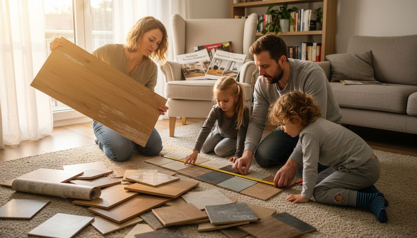 Eine Familie begutachtet im sonnendurchfluteten Wohnzimmer verschiedene Bodenbeläge und überlegt gemeinsam, welcher am besten passt.