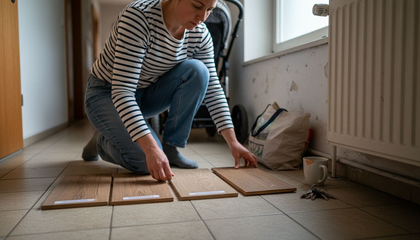 Eine Frau begutachtet verschiedene Bodenbeläge im Flur.