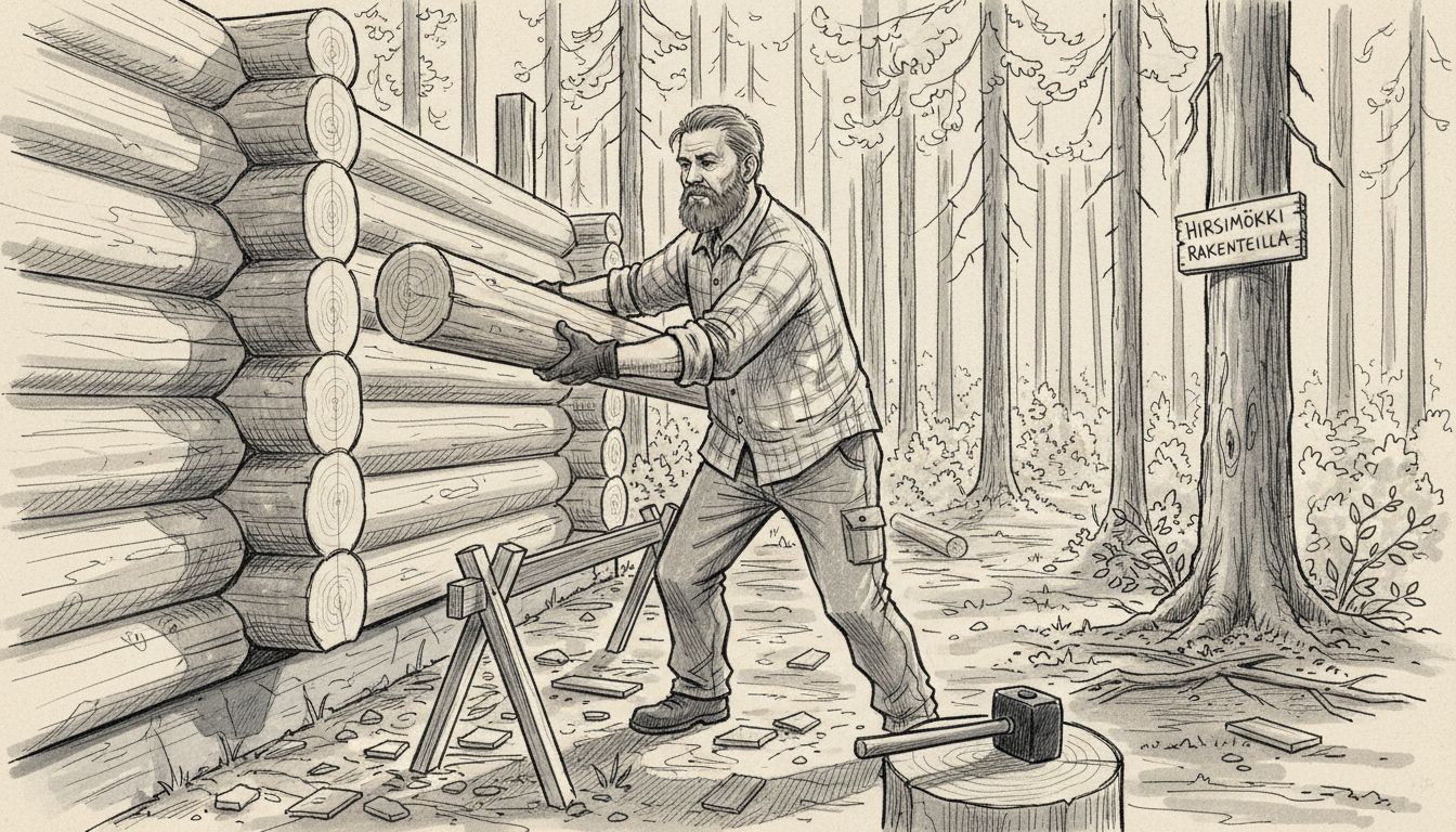 Rakentaja kokoaa hirsitaloa tukevista hirsistä ja perinteisillä työkaluilla.