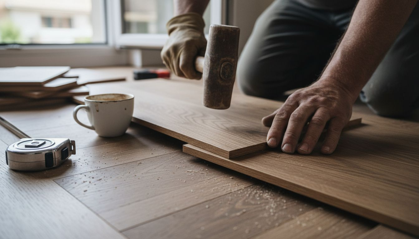 Handwerkliche Präzision beim Verlegen von Parkett aus nächster Nähe