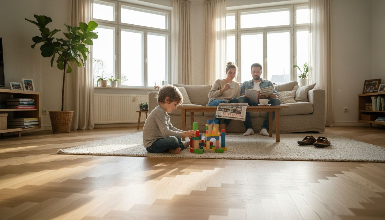 Eine Familie genießt gemeinsame Zeit im Wohnzimmer mit edlem Parkettboden.