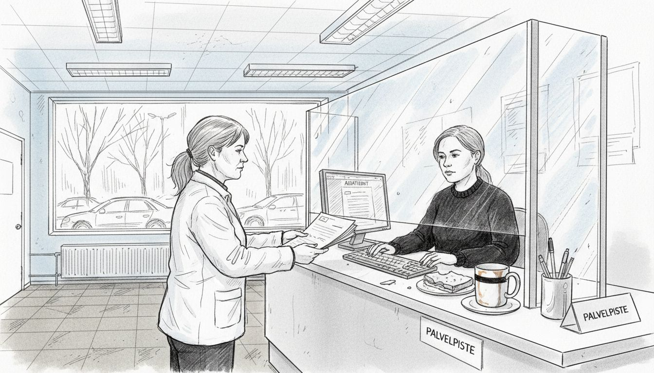 Henkilö käy toimittamassa asiakirjat lupaviranomaiselle.