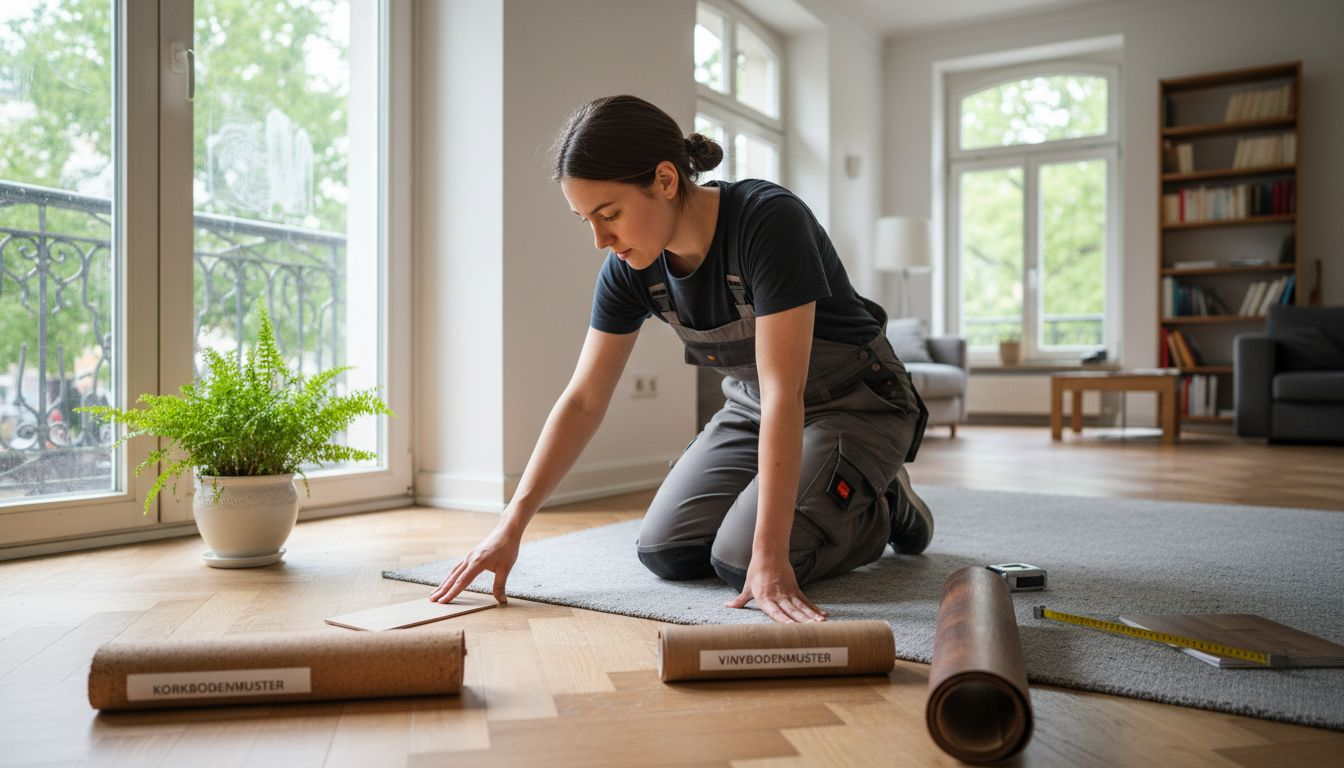 Eine Frau vergleicht in ihrem Zuhause verschiedene Bodenbeläge, um die passende Lösung für ihre Räume zu finden.
