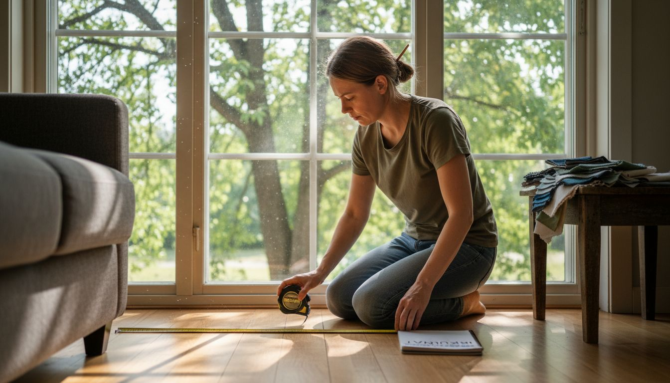 Talonomistaja mittaamassa ikkunaansa aurinkosuojan asennusta varten