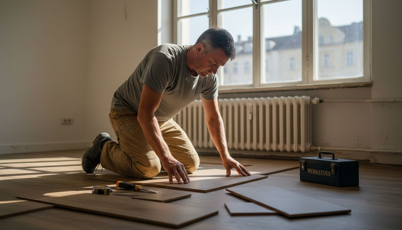 Ein Bodenleger verlegt Vinylboden in einer Stadtwohnung.