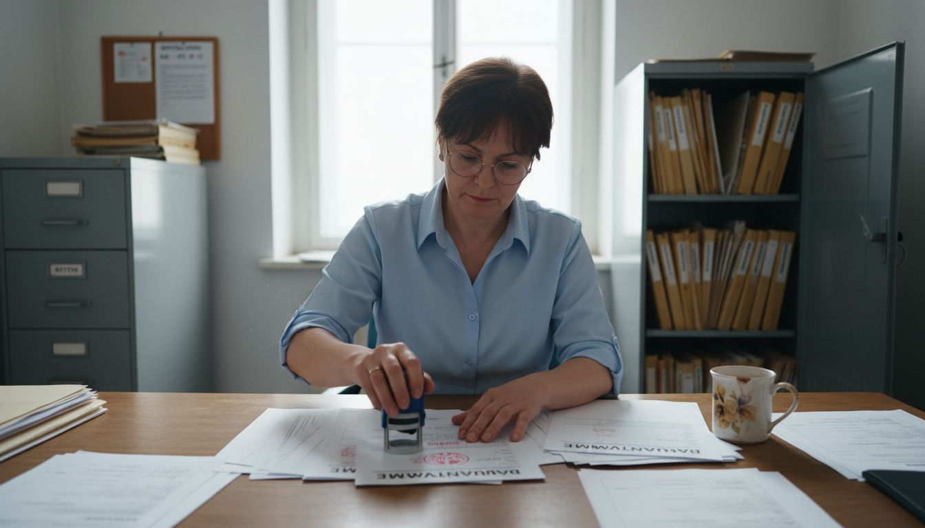 Eine Sachbearbeiterin prüft am Schreibtisch einen Bauantrag.