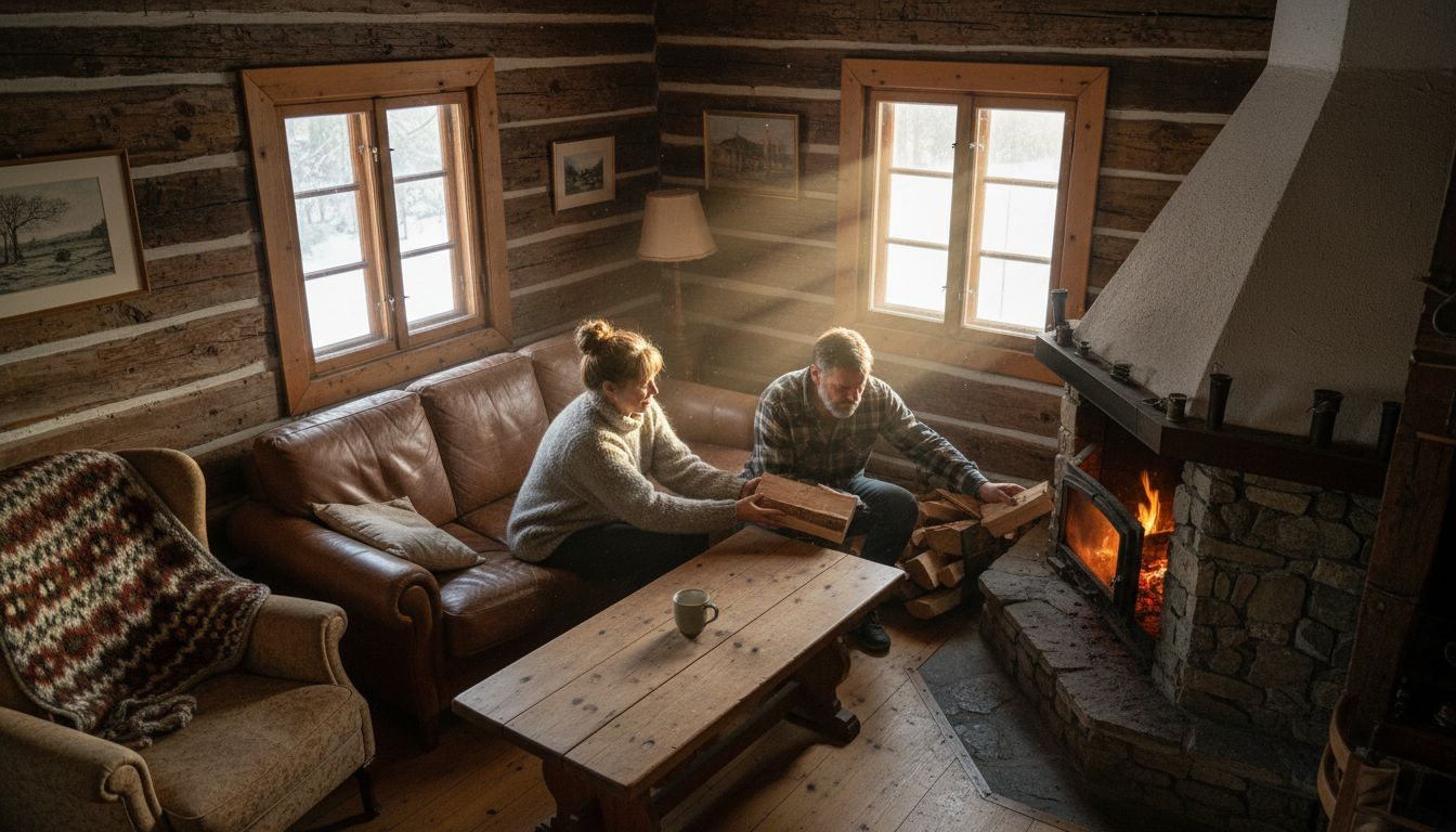 Couple by fireplace in Finnish log cabin