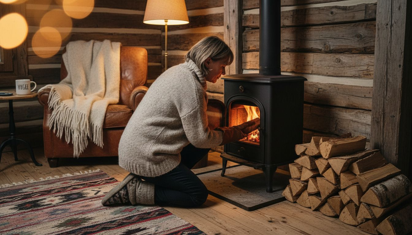 En kvinne steller ved ovnen i en koselig tømmerstue.