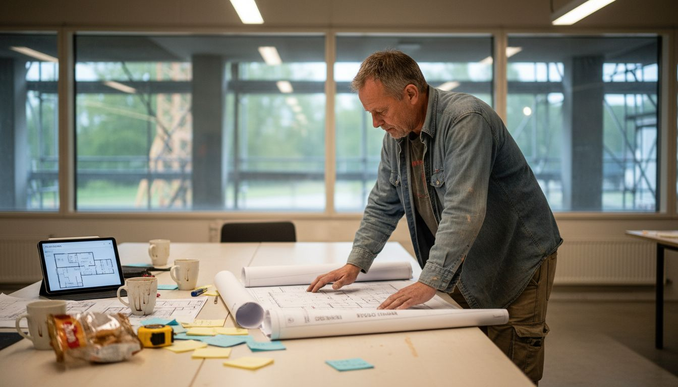 En tekniker går igenom byggnadsritningarna i projektkontoret på bygget.